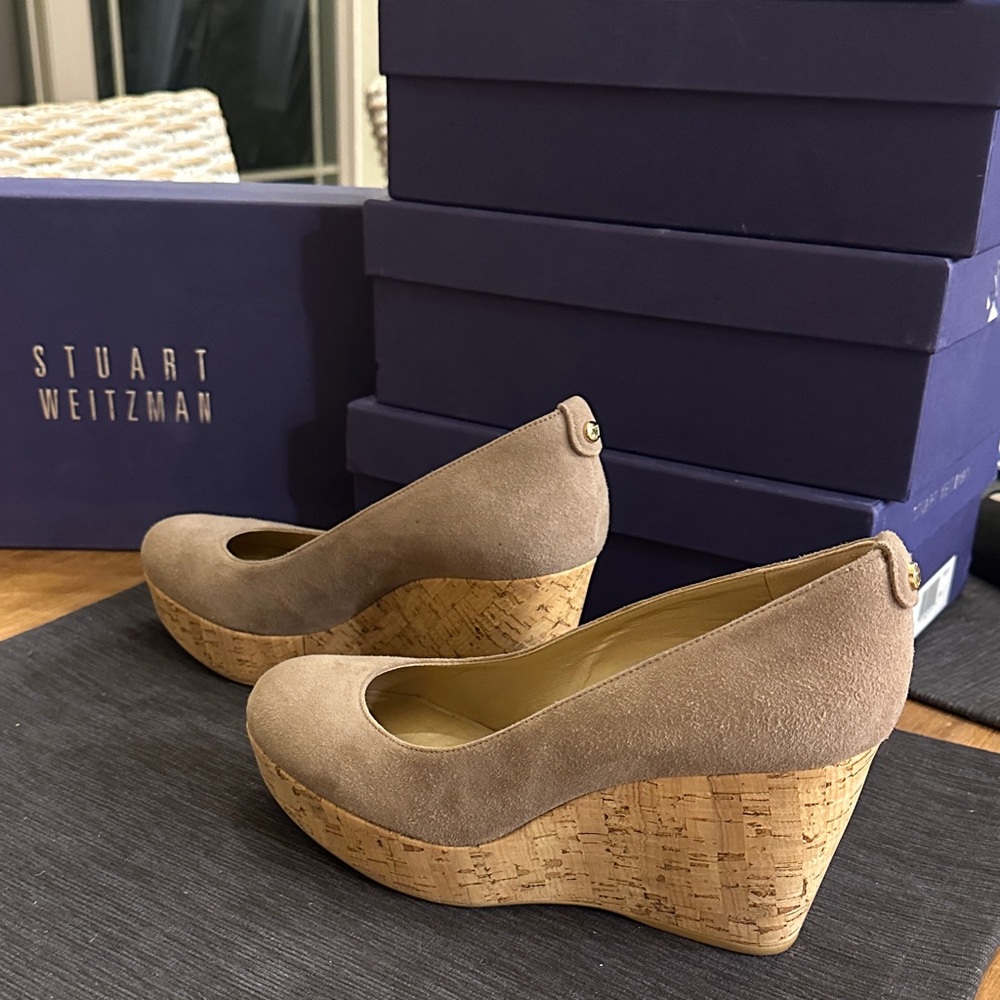 Stuart Weitzman Taupe Suede Cork Wedge Pumps